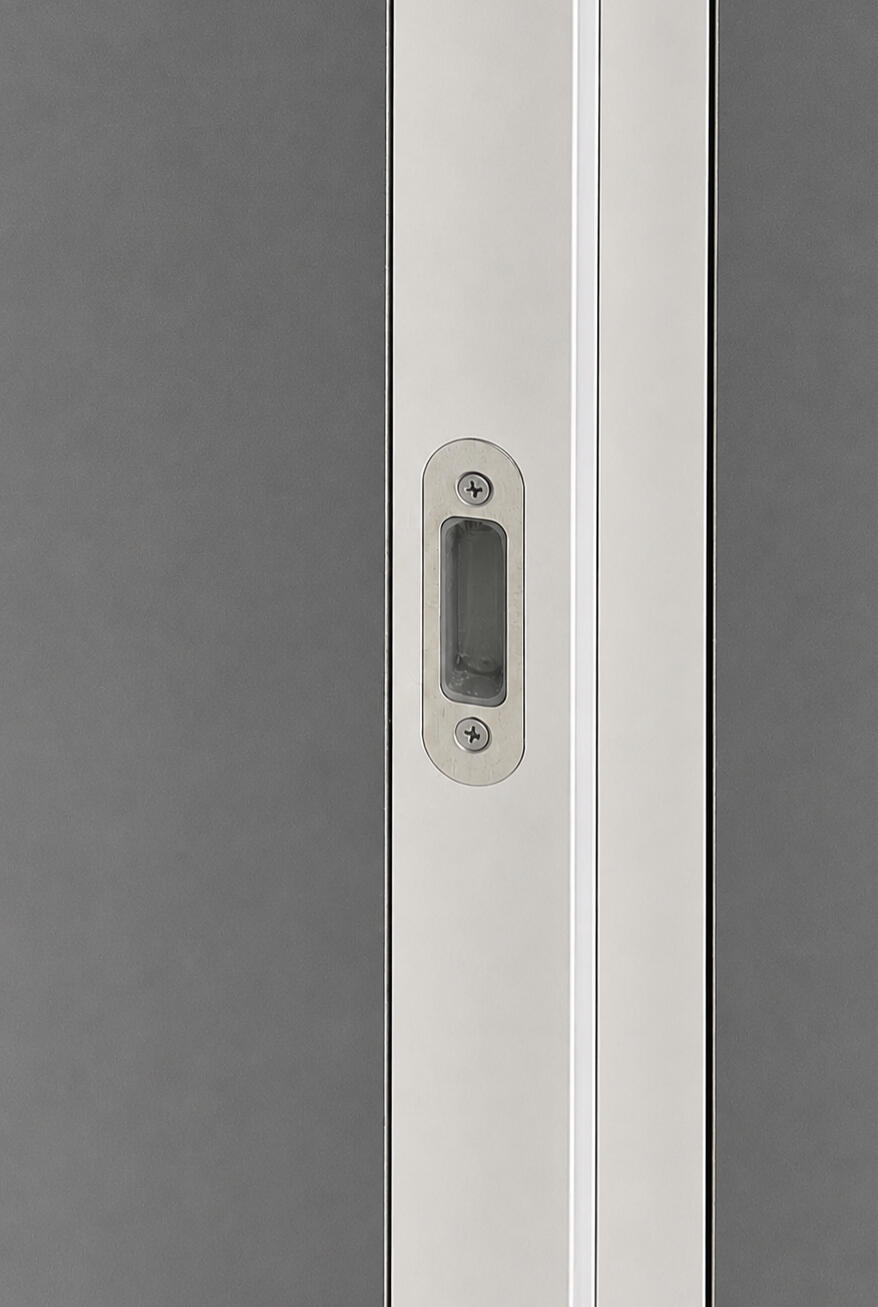 Every Detail Is Integrated. The aluminum jamb is prepared for the concealed hardware and magnetic lock receiver, keeping the system clean and precise. 4 Hinges — Reference 36" × 96" System Made in Italy Included